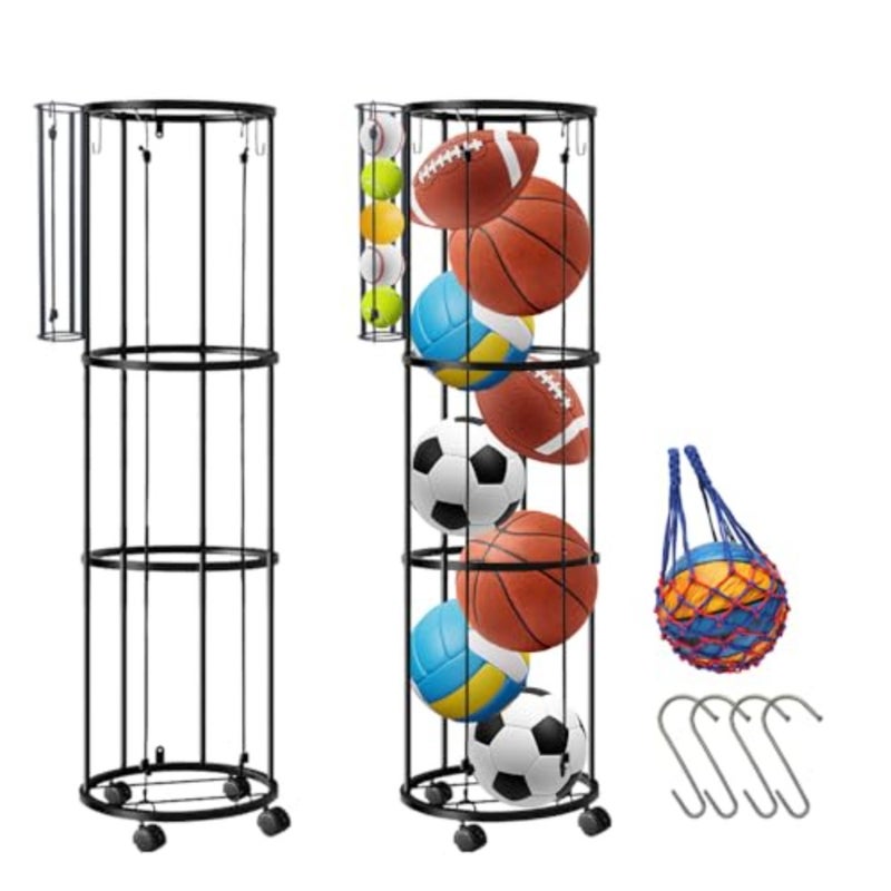 Ball Storage Rack with 4 HooksandWheels, 150*30cm 2 Layers Garage Ball Storage with Small Balls Basket, Ball Holder with 1 Ball Net and 2 Inflation Needles for Basketball, Soccer, BaseballandAccessorries - Image 1