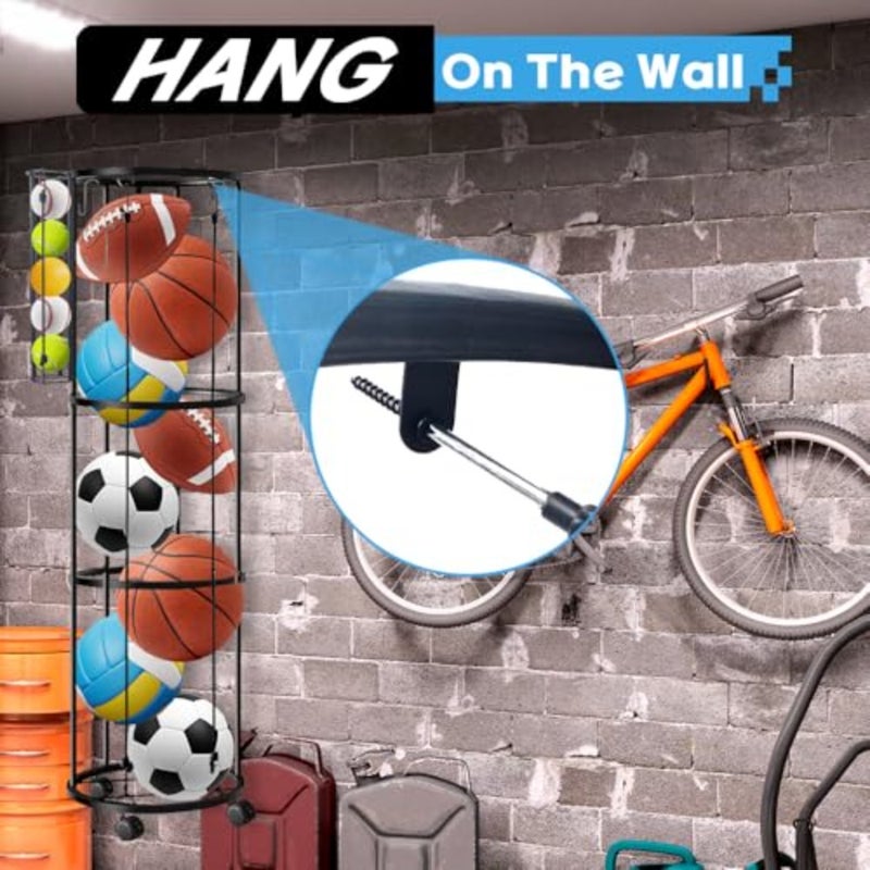 Ball Storage Rack with 4 HooksandWheels, 150*30cm 2 Layers Garage Ball Storage with Small Balls Basket, Ball Holder with 1 Ball Net and 2 Inflation Needles for Basketball, Soccer, BaseballandAccessorries - Image 3
