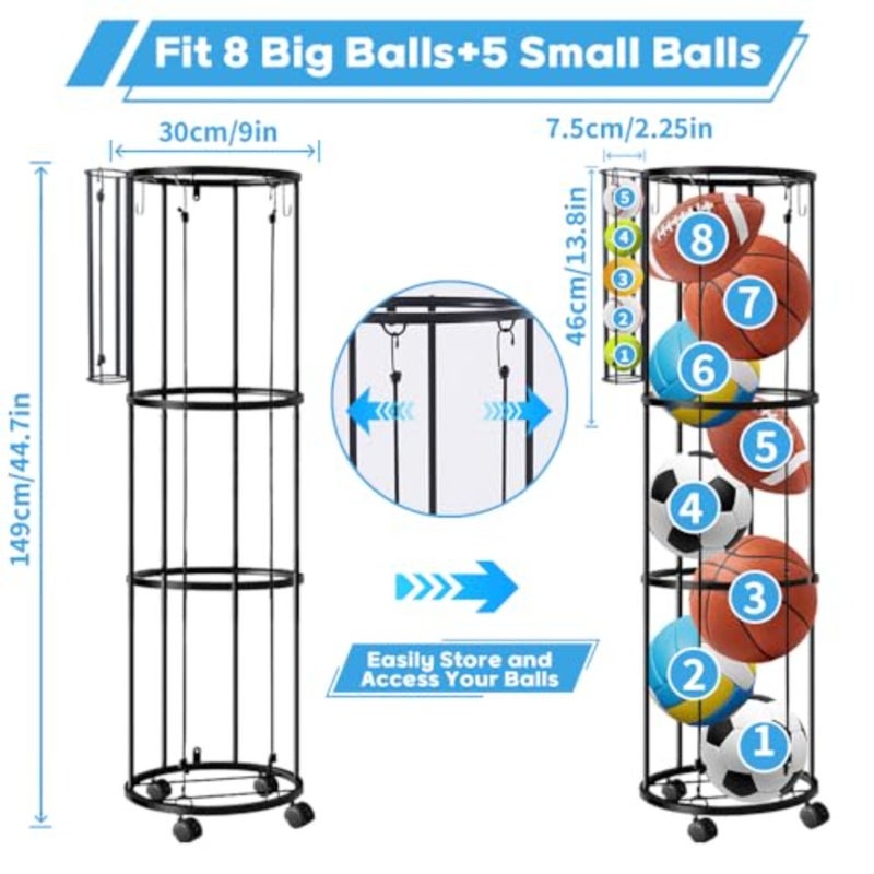 Ball Storage Rack with 4 HooksandWheels, 150*30cm 2 Layers Garage Ball Storage with Small Balls Basket, Ball Holder with 1 Ball Net and 2 Inflation Needles for Basketball, Soccer, BaseballandAccessorries - Image 2