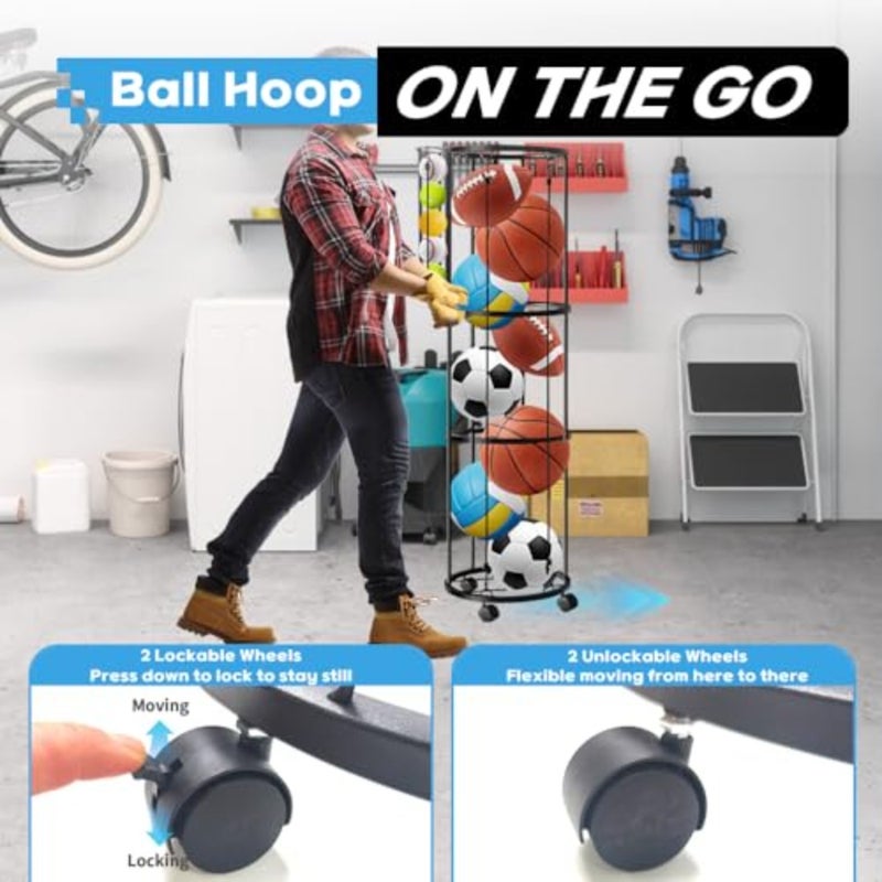 Ball Storage Rack with 4 HooksandWheels, 150*30cm 2 Layers Garage Ball Storage with Small Balls Basket, Ball Holder with 1 Ball Net and 2 Inflation Needles for Basketball, Soccer, BaseballandAccessorries - Image 4
