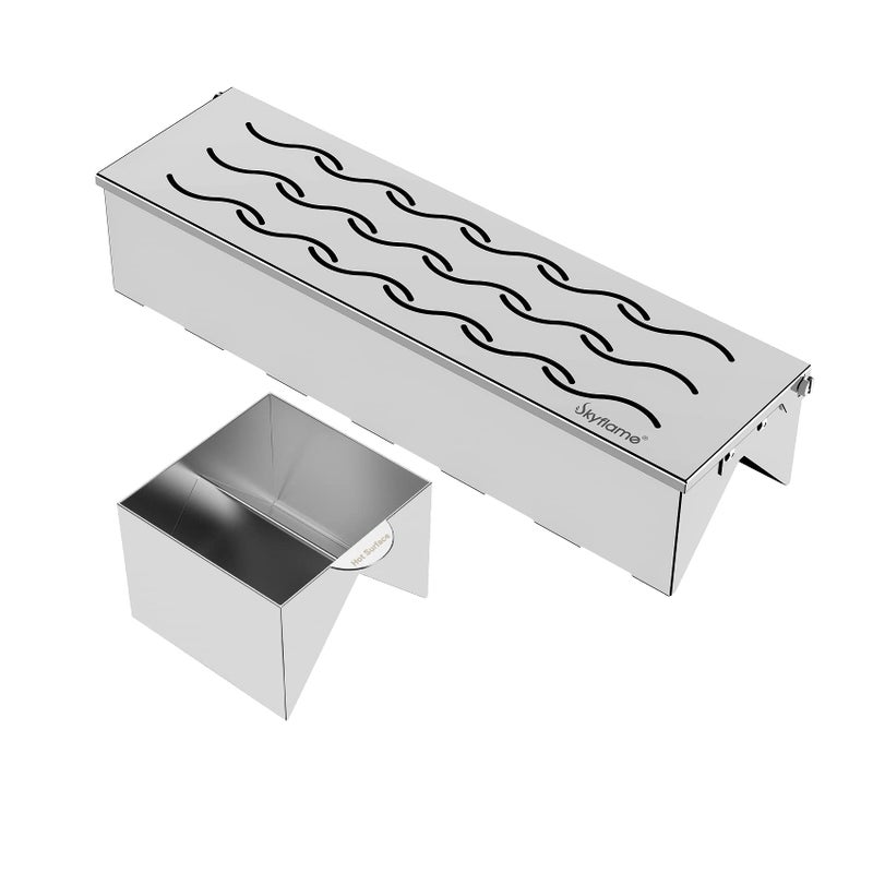 Skyflame Stainless Steel Smoker Box with Canister Can, Double V-Shape BBQ Wood Chips Smoky Box Designed by Wavy Vent and Hinged Lid, 12” Compact Size for Gas/Charcoal Grill Kebob Smoky Grilling - Image 1