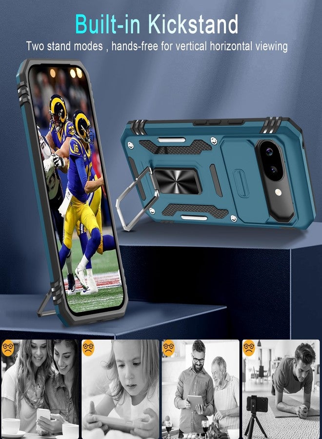DEERLAMN Case for Google Pixel 9A with Slide Camera Cover+Screen Protector (1 Pack), Rotated Ring Kickstand Military Grade Shockproof Protective Cover-Light Blue - Image 4