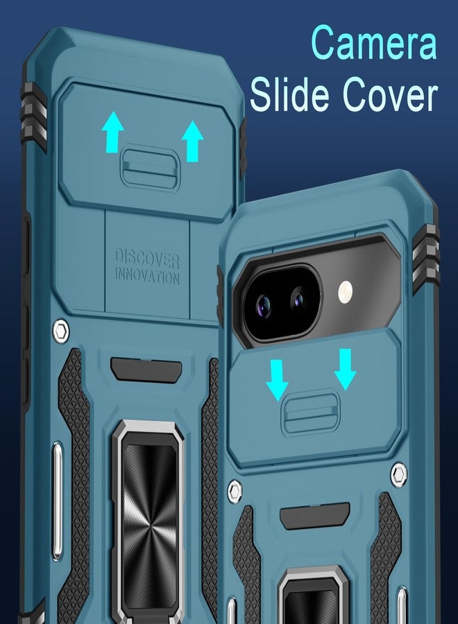 DEERLAMN Case for Google Pixel 9A with Slide Camera Cover+Screen Protector (1 Pack), Rotated Ring Kickstand Military Grade Shockproof Protective Cover-Light Blue - Image 2