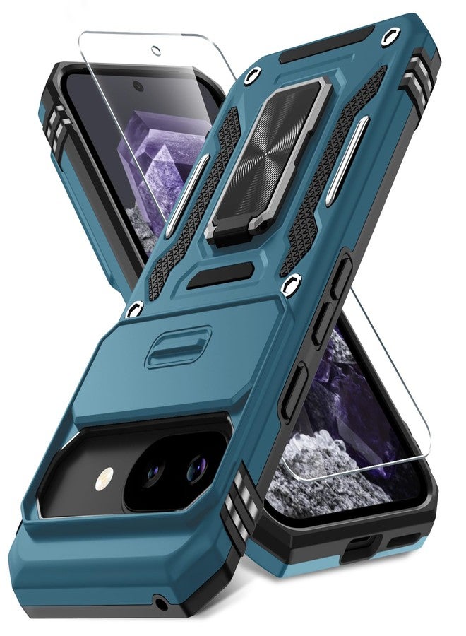 DEERLAMN Case for Google Pixel 9A with Slide Camera Cover+Screen Protector (1 Pack), Rotated Ring Kickstand Military Grade Shockproof Protective Cover-Light Blue - Image 1