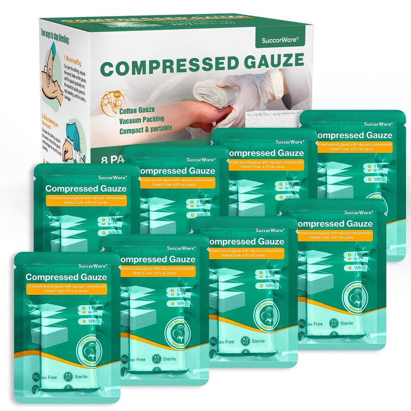 SuccorWare 8 Packs Sterile Compressed Gauze with Z-Folded - Wound Gauze for Bleed Stop, 4.5" x 4.1 Yards, 6-Ply - for First Aid Kit,Medical Trauma Kit, IFAK Supplies Refill - Image 1