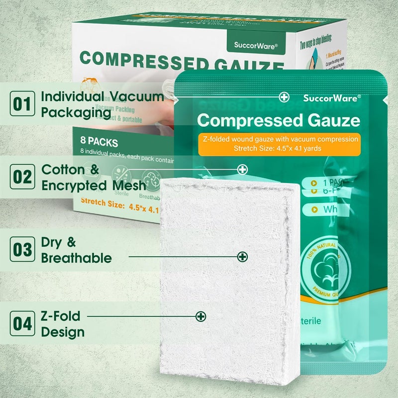SuccorWare 8 Packs Sterile Compressed Gauze with Z-Folded - Wound Gauze for Bleed Stop, 4.5" x 4.1 Yards, 6-Ply - for First Aid Kit,Medical Trauma Kit, IFAK Supplies Refill - Image 3