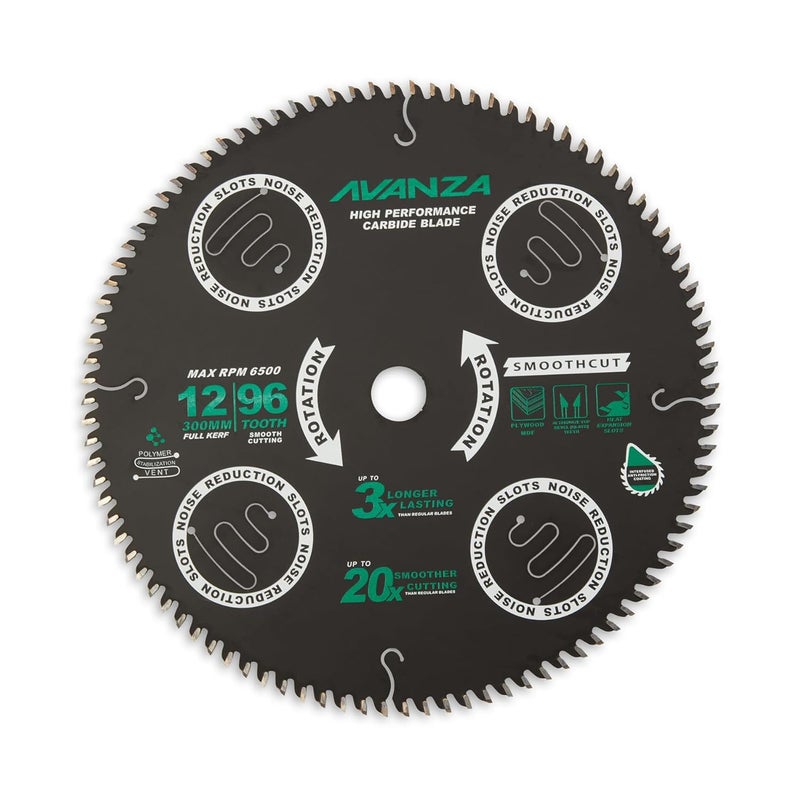 AVANZA Full-Kerf TCT Saw Blade 12 X 72. Best suited for cutting of plywood and crosscutting of woods. SUPER SMOOTH! DuraShield™ coated and Anti-Vibration Technology in-built. - Image 1