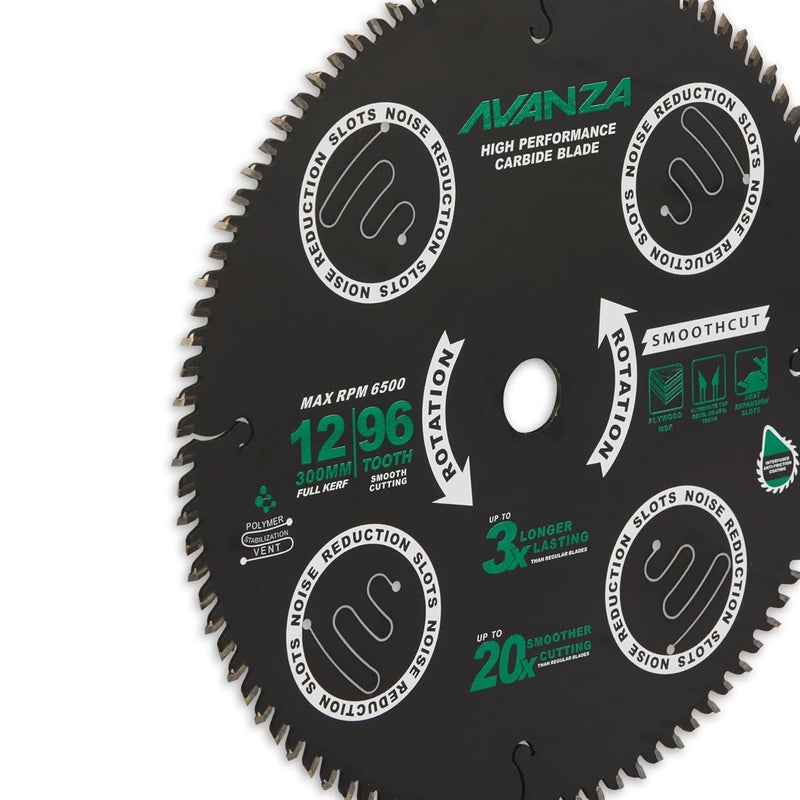 AVANZA Full-Kerf TCT Saw Blade 12 X 72. Best suited for cutting of plywood and crosscutting of woods. SUPER SMOOTH! DuraShield™ coated and Anti-Vibration Technology in-built. - Image 4