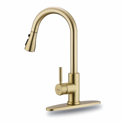 WEWE Brushed Gold Kitchen Faucet with Pull Down Sprayer, Single Handle Gold Kitchen Sink Faucet Stainless Steel Brass Copper Commercial RV 1 or 3 Hole, Champagne Bronze - Image 1
