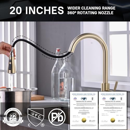 WEWE Brushed Gold Kitchen Faucet with Pull Down Sprayer, Single Handle Gold Kitchen Sink Faucet Stainless Steel Brass Copper Commercial RV 1 or 3 Hole, Champagne Bronze - Image 3