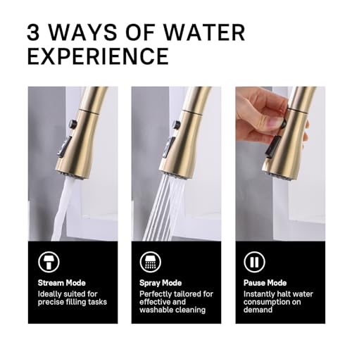 WEWE Brushed Gold Kitchen Faucet with Pull Down Sprayer, Single Handle Gold Kitchen Sink Faucet Stainless Steel Brass Copper Commercial RV 1 or 3 Hole, Champagne Bronze - Image 5