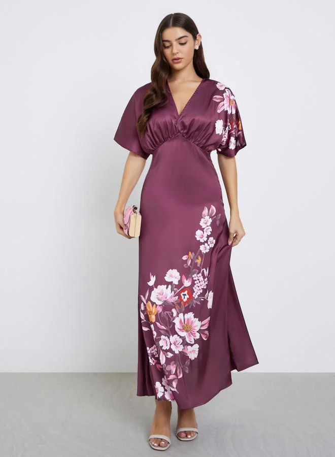 Styli Burgundy Floral Print Maxi Dress