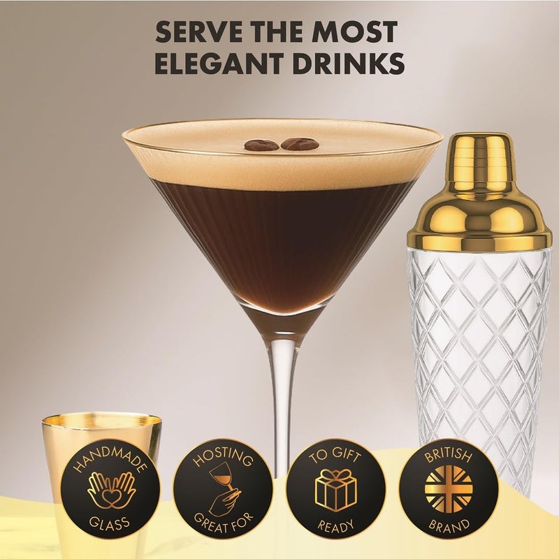 Vemacity - Luxury Cocktail Shaker Set - Gold Glass Cocktail Shaker With Built-In Strainer + 2 Ribbed Espresso Martini Glasses With Gold Rims  Bar Spoon & Jigger | Ideal For Christmas & New Years - Image 3