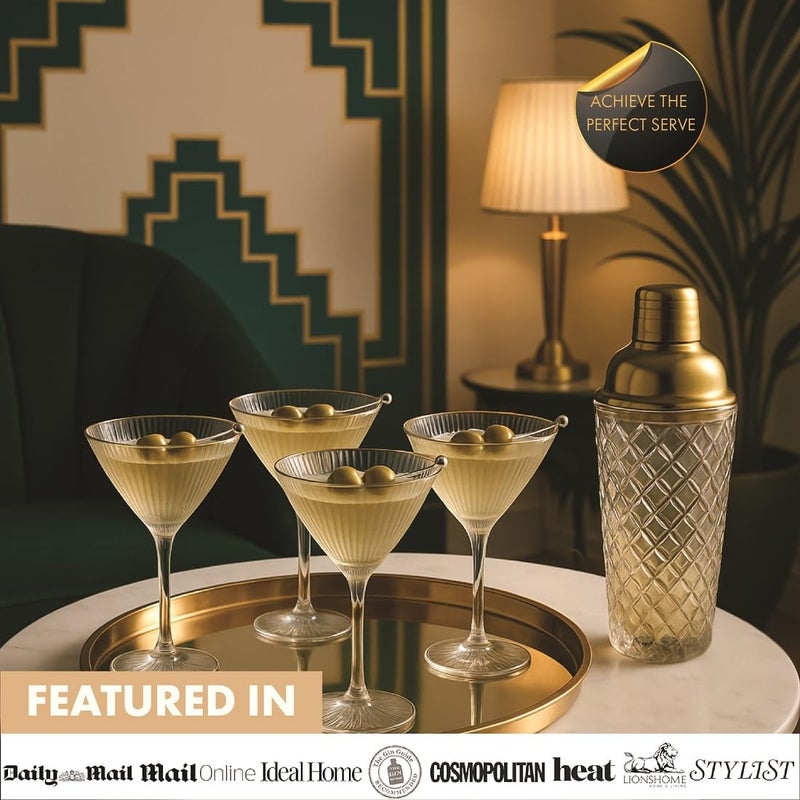 Vemacity - Luxury Cocktail Shaker Set - Gold Glass Cocktail Shaker With Built-In Strainer + 2 Ribbed Espresso Martini Glasses With Gold Rims  Bar Spoon & Jigger | Ideal For Christmas & New Years - Image 5