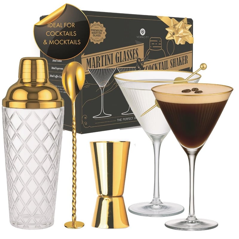 Vemacity - Luxury Cocktail Shaker Set - Gold Glass Cocktail Shaker With Built-In Strainer + 2 Ribbed Espresso Martini Glasses With Gold Rims  Bar Spoon & Jigger | Ideal For Christmas & New Years - Image 1