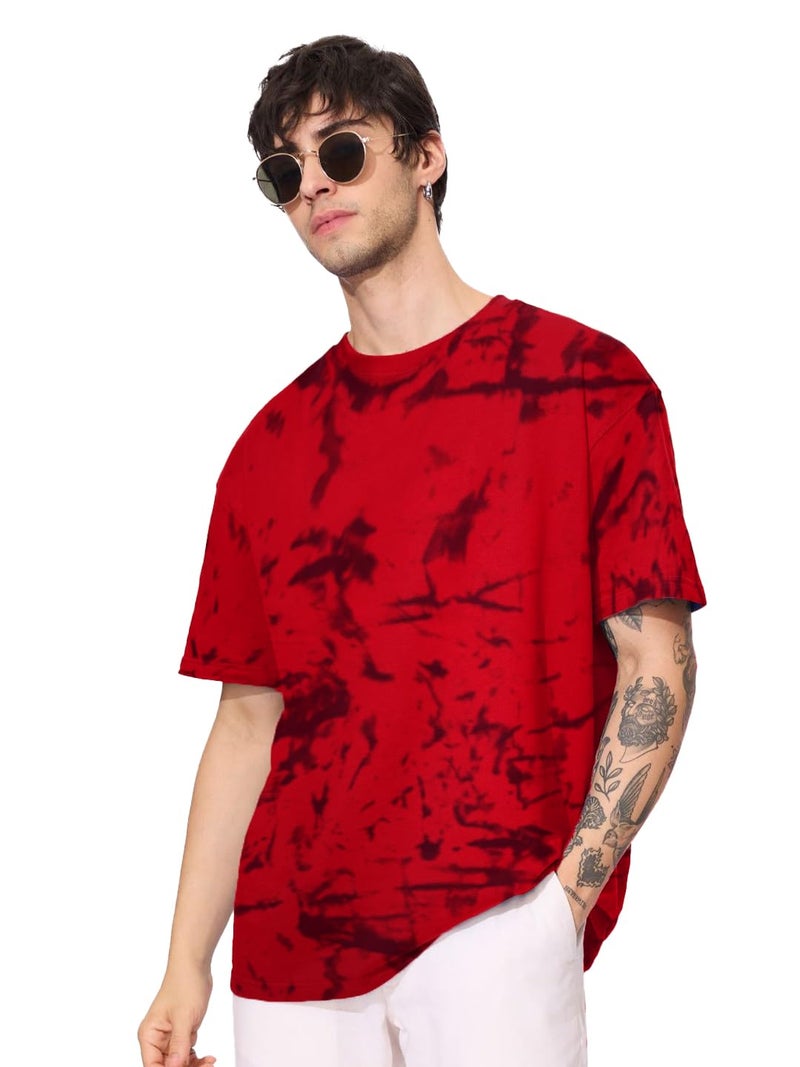 LEOTUDE Oversized Round Neck Half Sleeve Tie & Dye Printed T-Shirt for Men(FS306_RED_P_RED_2XL) - Image 1