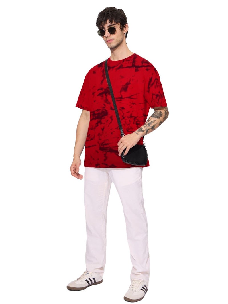 LEOTUDE Oversized Round Neck Half Sleeve Tie & Dye Printed T-Shirt for Men(FS306_RED_P_RED_2XL) - Image 4