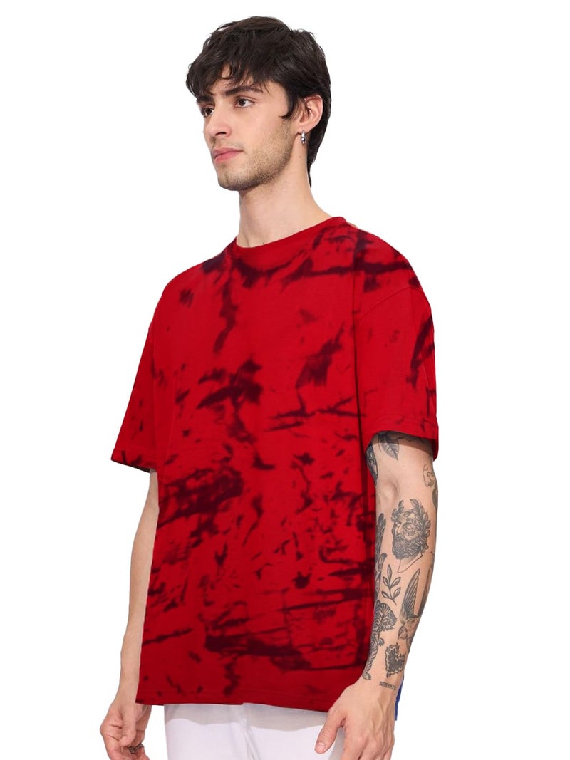 LEOTUDE Oversized Round Neck Half Sleeve Tie & Dye Printed T-Shirt for Men(FS306_RED_P_RED_2XL) - Image 3