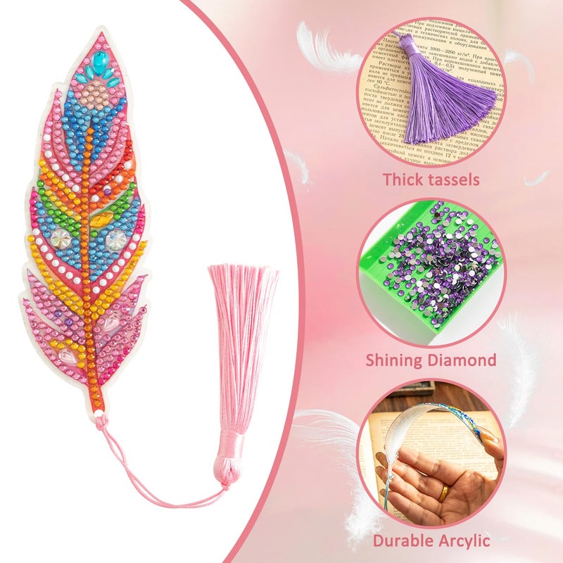 emmoolife 6 Pcs 5D Diamond Painting Art Kit, DIY Acrylic Crystal Diamond Bookmarks with Tassel, Flower & Feather Designs, Handmade Crafts BookMark Gift for Book Lovers, Women & Teenage, Creative Decor - Image 5