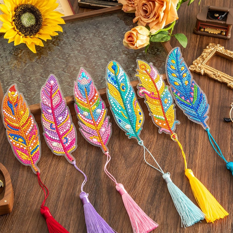 emmoolife 6 Pcs 5D Diamond Painting Art Kit, DIY Acrylic Crystal Diamond Bookmarks with Tassel, Flower & Feather Designs, Handmade Crafts BookMark Gift for Book Lovers, Women & Teenage, Creative Decor - Image 1