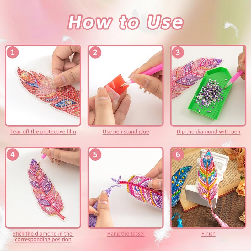 emmoolife 6 Pcs 5D Diamond Painting Art Kit, DIY Acrylic Crystal Diamond Bookmarks with Tassel, Flower & Feather Designs, Handmade Crafts BookMark Gift for Book Lovers, Women & Teenage, Creative Decor - Image 4