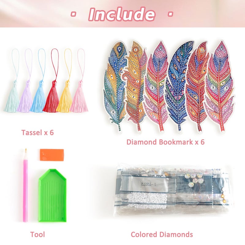 emmoolife 6 Pcs 5D Diamond Painting Art Kit, DIY Acrylic Crystal Diamond Bookmarks with Tassel, Flower & Feather Designs, Handmade Crafts BookMark Gift for Book Lovers, Women & Teenage, Creative Decor - Image 3