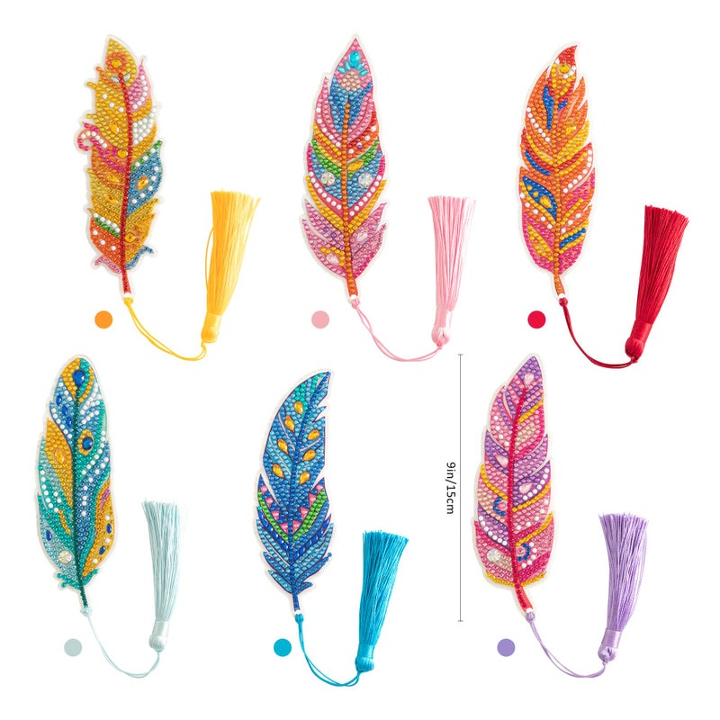 emmoolife 6 Pcs 5D Diamond Painting Art Kit, DIY Acrylic Crystal Diamond Bookmarks with Tassel, Flower & Feather Designs, Handmade Crafts BookMark Gift for Book Lovers, Women & Teenage, Creative Decor - Image 2