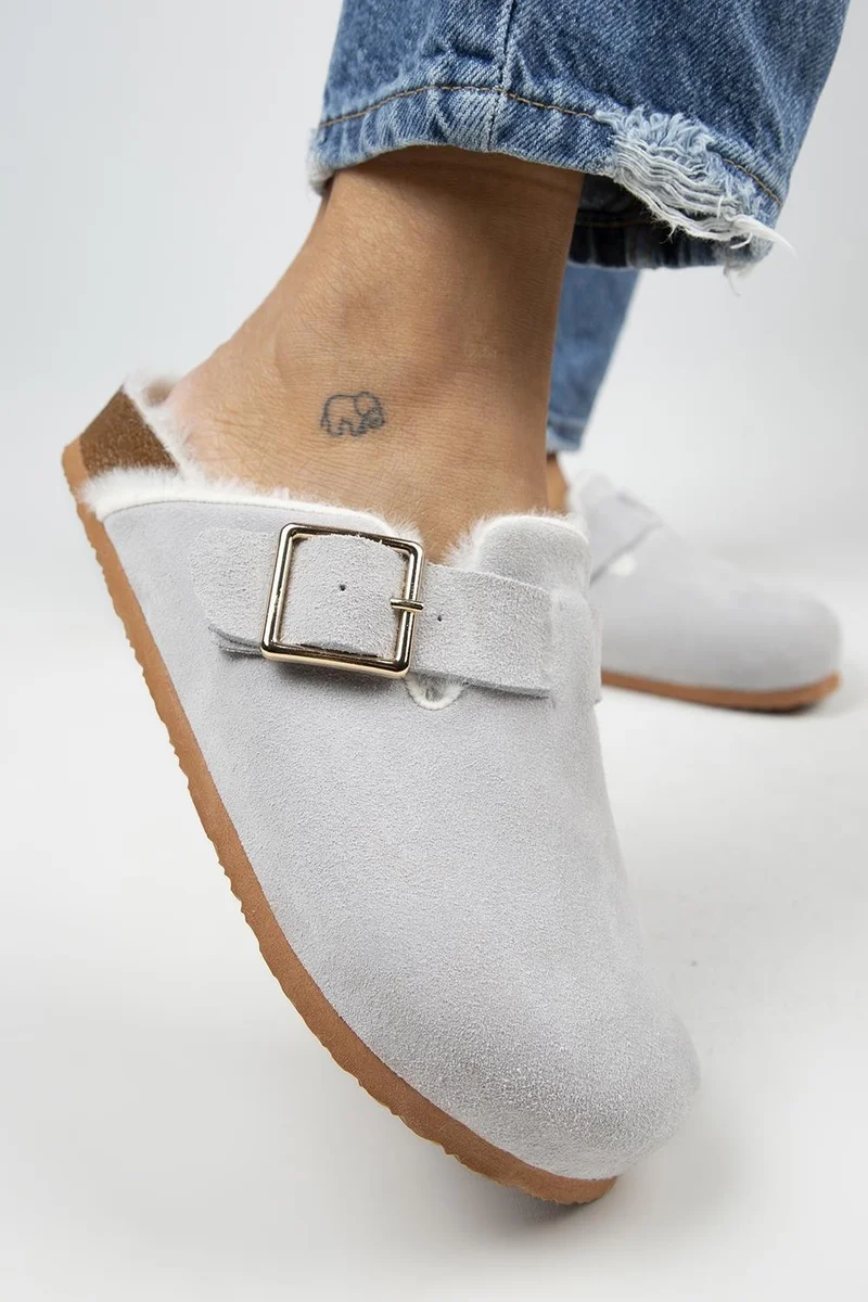 Manijero Manijero Zeta Women's Fur-Lined Genuine Leather Slippers with Belt and Buckle, Grey