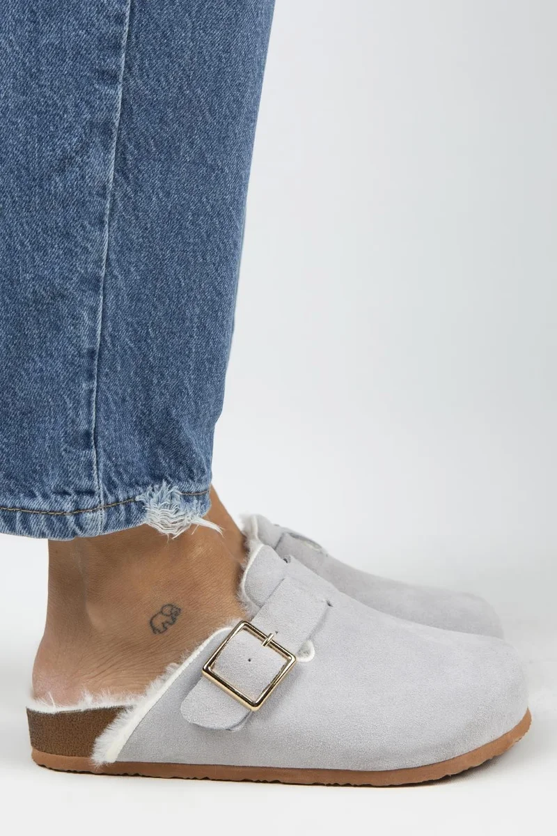 Manijero Manijero Zeta Women's Fur-Lined Genuine Leather Slippers with Belt and Buckle, Grey