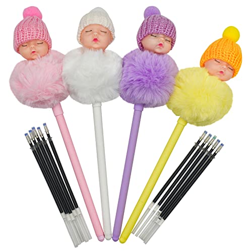 Maydahui 4 PCS Pom Pom Doll Gel Pen With 10 PCS Pen Refills Cute Kawaii Fluffy Ball Pens Sleeping Baby Style Black Ink for Party School Office - Image 1