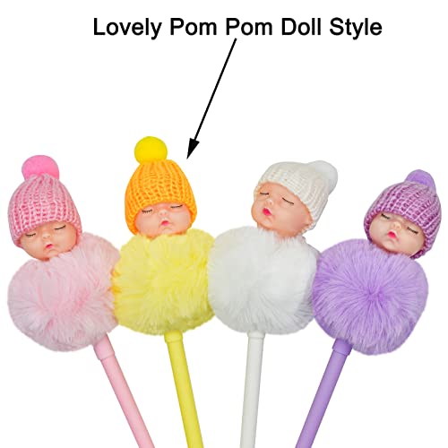 Maydahui 4 PCS Pom Pom Doll Gel Pen With 10 PCS Pen Refills Cute Kawaii Fluffy Ball Pens Sleeping Baby Style Black Ink for Party School Office - Image 3