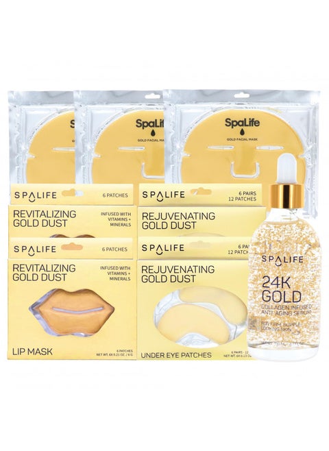 SpaLife Gold Skin Care 8 Pack Set with Facial Mask, Serum, Lip and Eye Mask