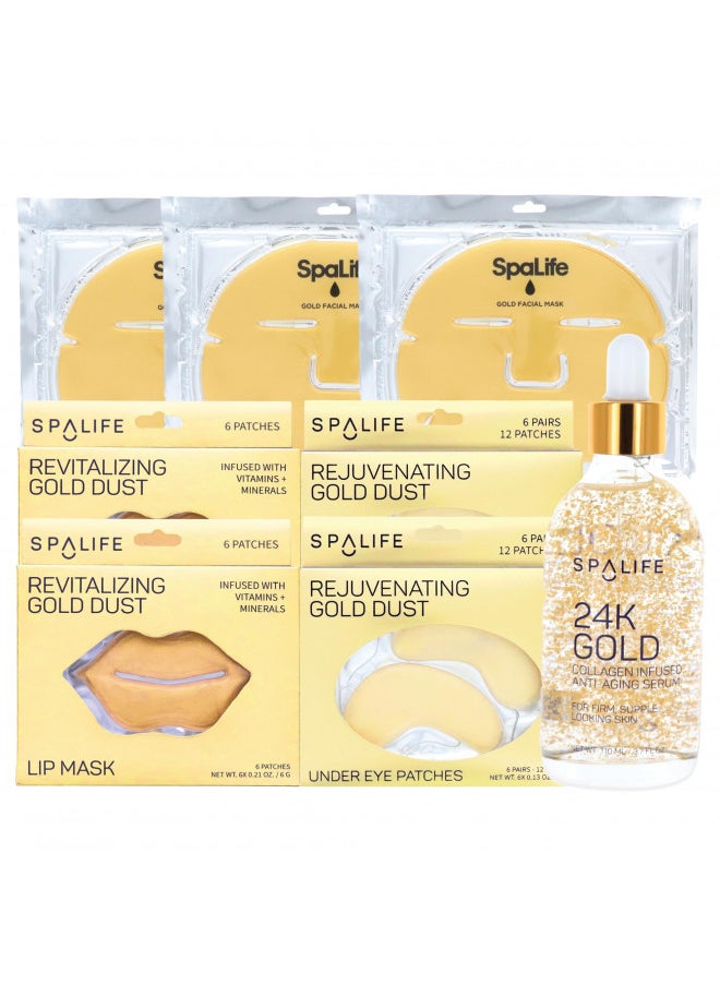 SpaLife - SpaLife Gold Skin Care 8 Pack Set with Facial Mask, Serum, Lip and Eye Mask - Image 1