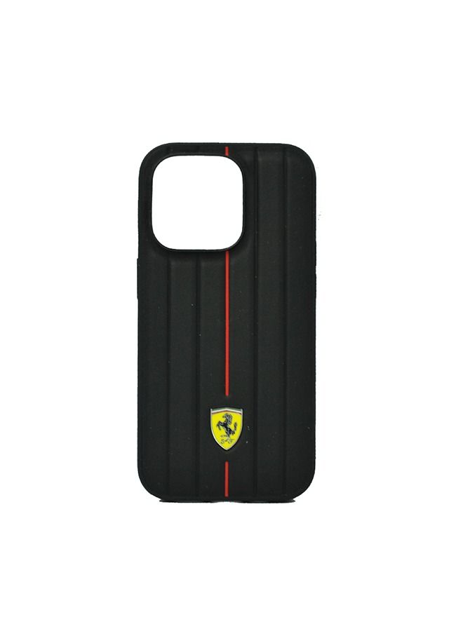 Ferrari حافظة جلدية مع خطوط بارزة وشعار درع أصفر لهاتف آيفون 14 برو أسود - Image 1