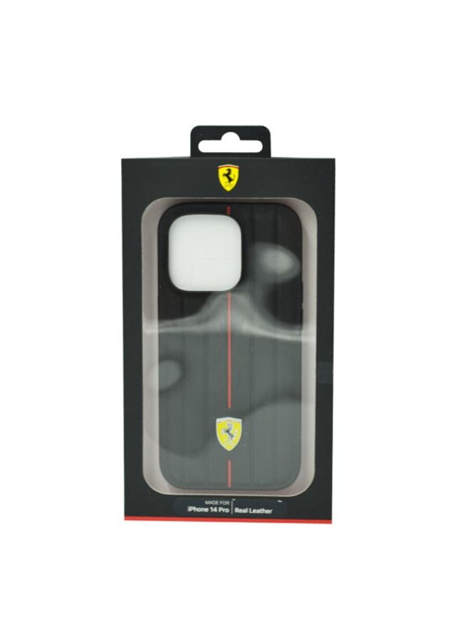 Ferrari حافظة جلدية مع خطوط بارزة وشعار درع أصفر لهاتف آيفون 14 برو أسود - Image 2