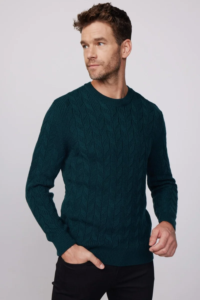 تودورس Slim Fit Crew Neck Patterned Green Men's Sweater