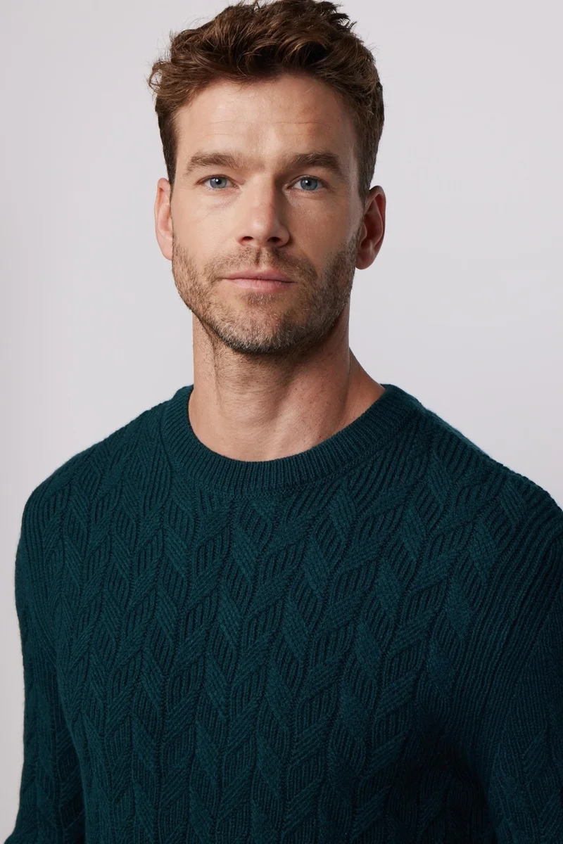 تودورس Slim Fit Crew Neck Patterned Green Men's Sweater