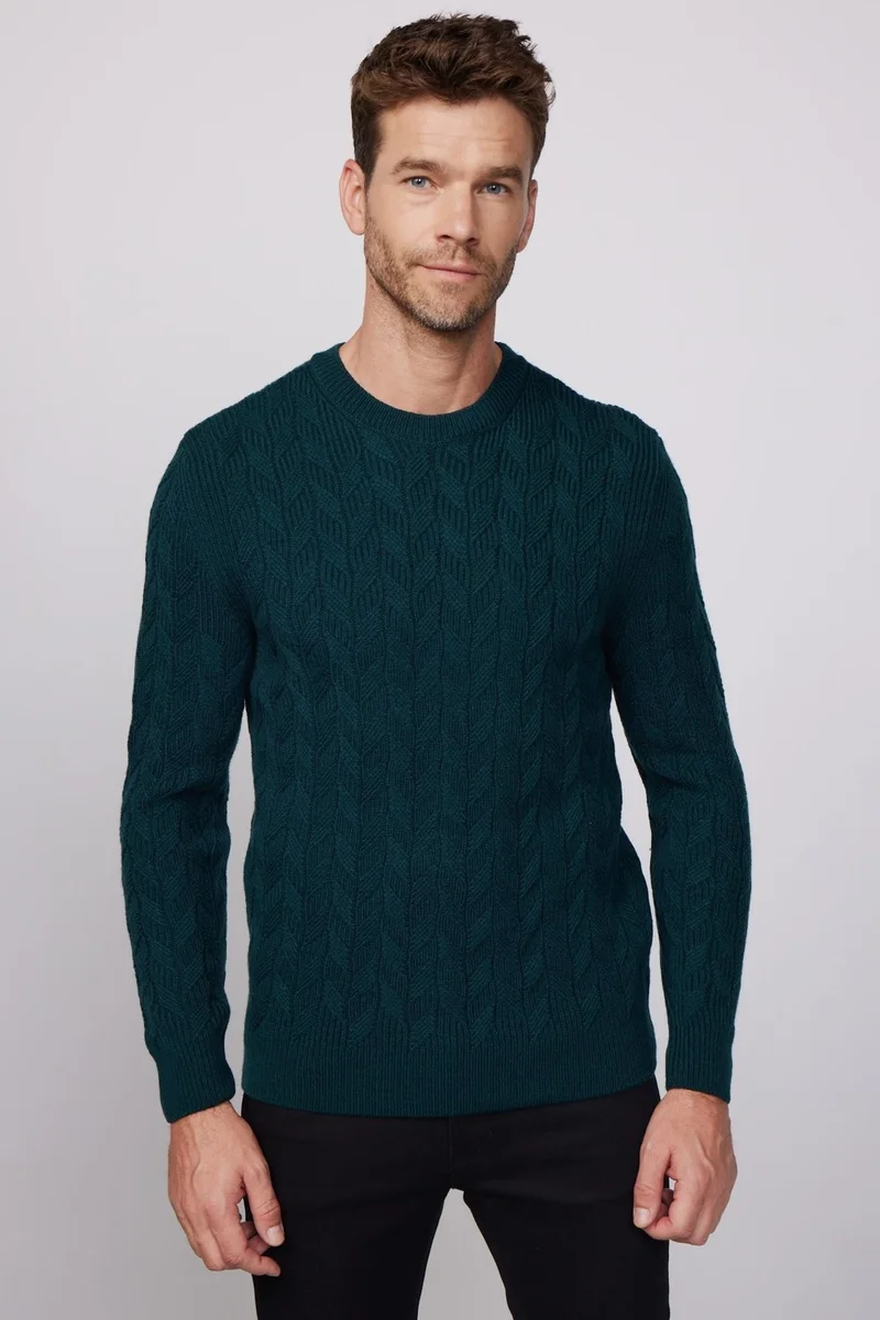 تودورس Slim Fit Crew Neck Patterned Green Men's Sweater