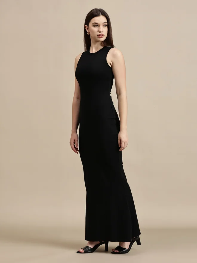 ECOLORE Black Plain Sleeveless Sheath Maxi Dress