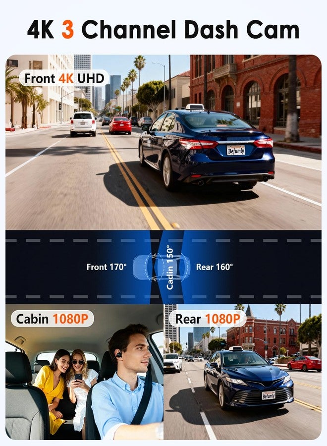 Befumly 3-Channel Dash Cam 4K for Car: Front, Rear & Inside Dash Camera with 5.8G WiFi & GPS - 24H Parking Mode, 64GB Card for Rideshare Driver - Image 2