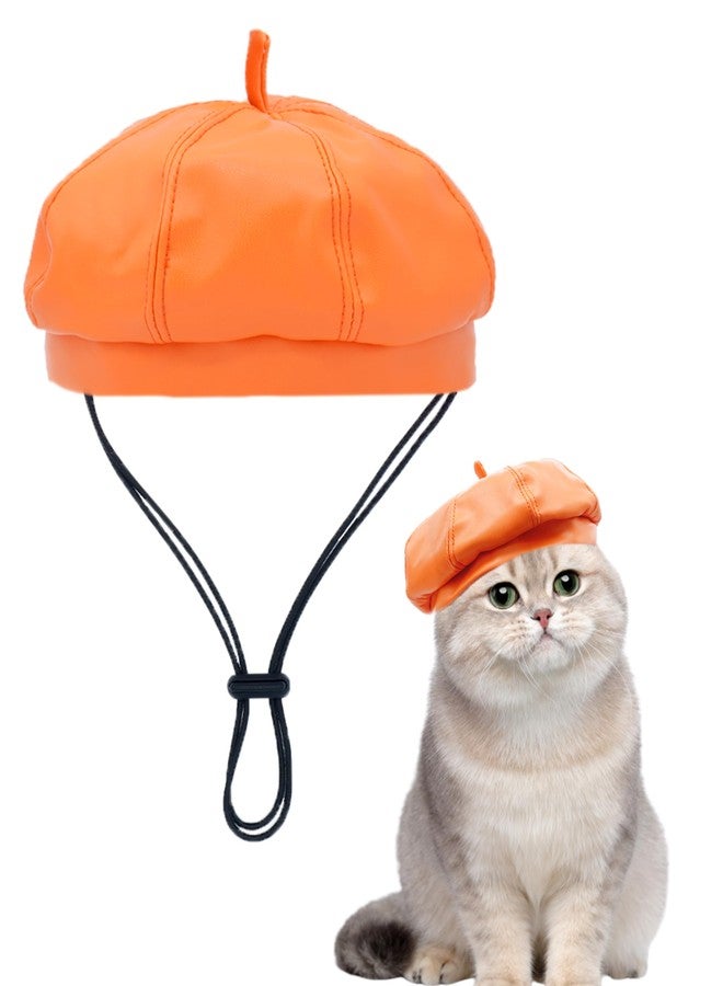 PET SHOW Dog Beret Hat for Small Dogs Cats Party Holiday Headband Cap French Leather Berets with Adjustable Chin Strap Cute Fashion Puppy Hats Pets Costumes Accessories(Orange,S) - Image 1