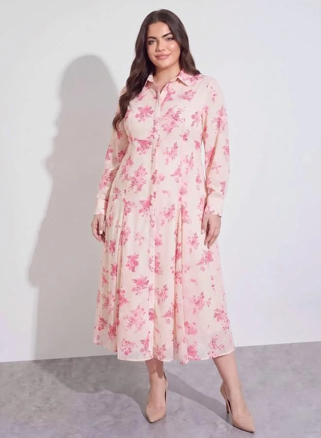 Floral Long Sleeves Shirt Maxi Dress