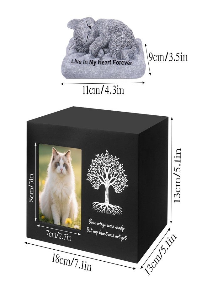 Dmnnlp Cat Urn for Ashes, Wooden Tree Pattern Cat Keepsake Box with Photo Frame, Resin Angel Statue & Sealed Storage Bag 7.1"x 5.1"x5.1" (Black) - Image 2