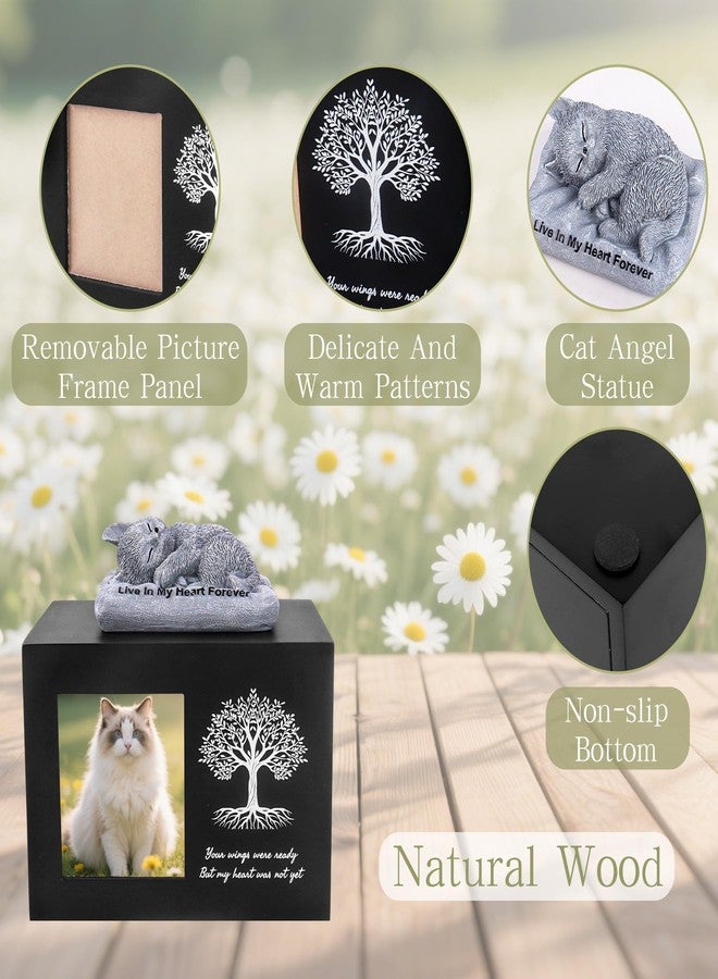 Dmnnlp Cat Urn for Ashes, Wooden Tree Pattern Cat Keepsake Box with Photo Frame, Resin Angel Statue & Sealed Storage Bag 7.1"x 5.1"x5.1" (Black) - Image 4