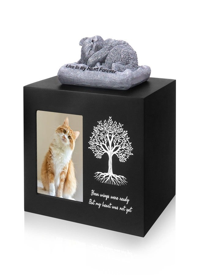 Dmnnlp Cat Urn for Ashes, Wooden Tree Pattern Cat Keepsake Box with Photo Frame, Resin Angel Statue & Sealed Storage Bag 7.1"x 5.1"x5.1" (Black) - Image 1