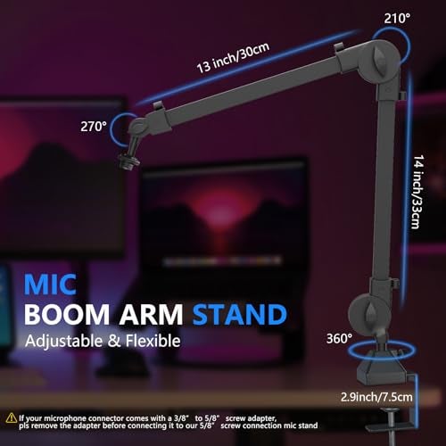 Hayner-Seek Microphone Boom Arm Stand With 5/8 Inches Connector, Studio Arm Suspension Scissor Adjustable Mic Stand for HyperX/Shure SM7B and Other Microphone, Recording Gaming Streaming Podcasting - Image 2