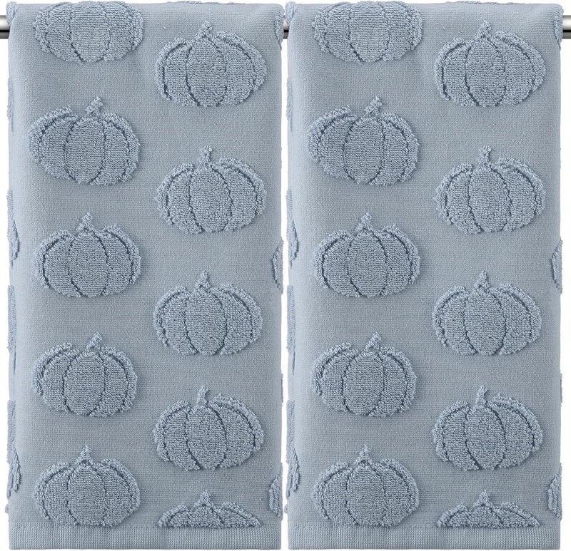 Mindsoft 2 Pcs 3D Blue Pumpkin Jacquard Hand Towels for Bathroom Fall Pumpkin Towels Thanksgiving 100% Cotton Soft Absorbent Decorative Weave Bathroom Decor Gift, 13.7 x 29.5 Inch - Image 1
