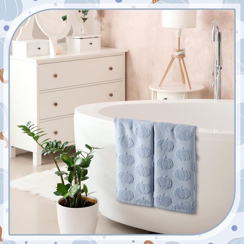 Mindsoft 2 Pcs 3D Blue Pumpkin Jacquard Hand Towels for Bathroom Fall Pumpkin Towels Thanksgiving 100% Cotton Soft Absorbent Decorative Weave Bathroom Decor Gift, 13.7 x 29.5 Inch - Image 5