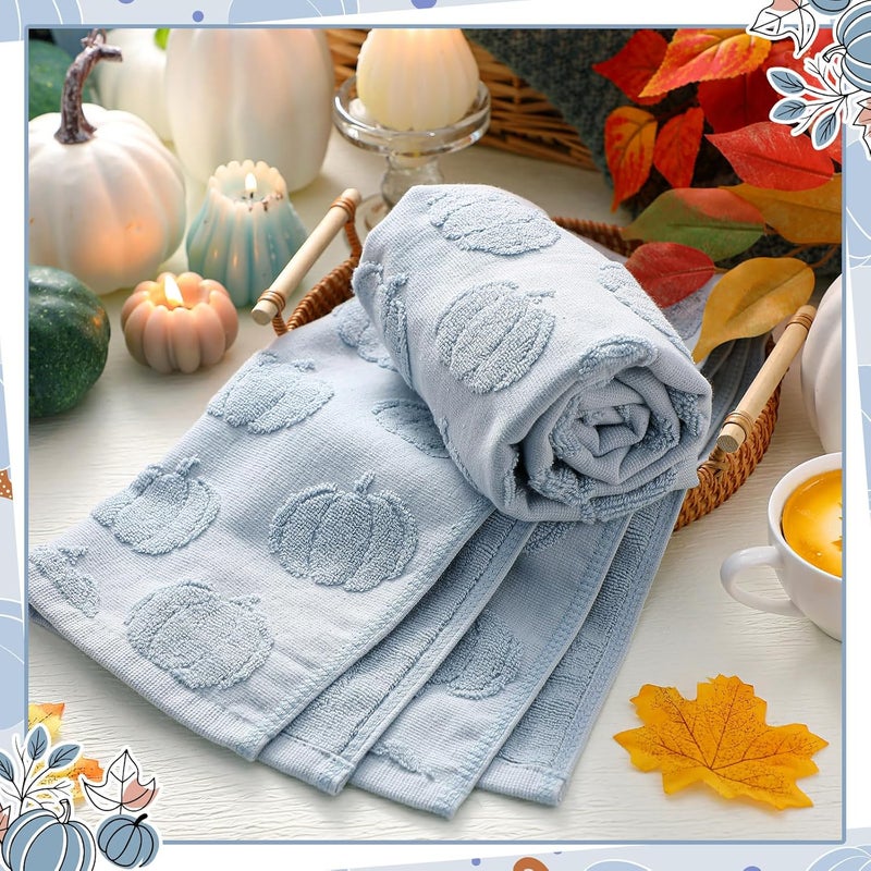 Mindsoft 2 Pcs 3D Blue Pumpkin Jacquard Hand Towels for Bathroom Fall Pumpkin Towels Thanksgiving 100% Cotton Soft Absorbent Decorative Weave Bathroom Decor Gift, 13.7 x 29.5 Inch - Image 3