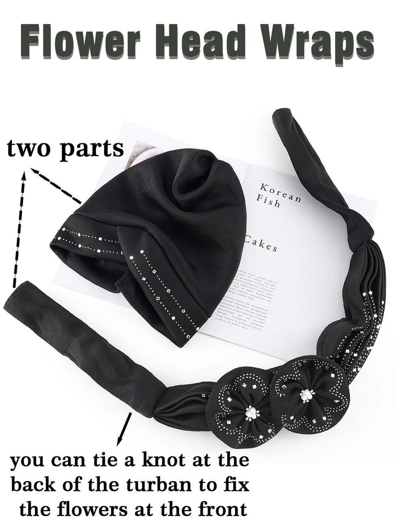 Woeoe Beanie Cap Head Wrap Black Rhinestones Head Scarf Flower Pearls Twisted Head Turban for Women Girls - Image 4